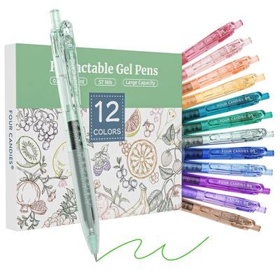 Four Candies Pastel Color Gel Ballpoint Easy To Cute Stationery for Junior High School 12 Colors Pens, 0.5mm, 12-Piece Set, Knock-Style, Stylish,
