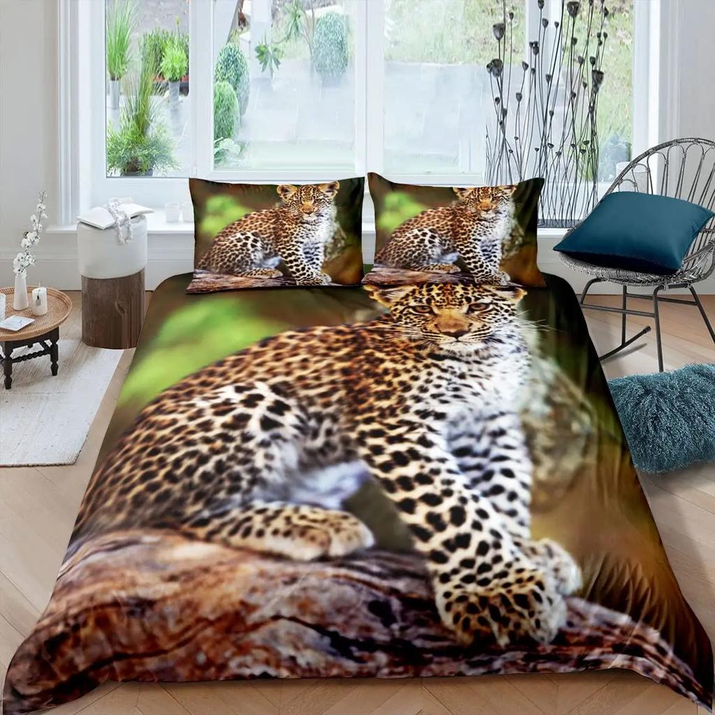 Leopard Comforter Cover Set King Fierce Cheetah Duvet Cover Safari Wild Animal Bed Cover Teens Bedroom Decor 2/3Pcs Bedding Set