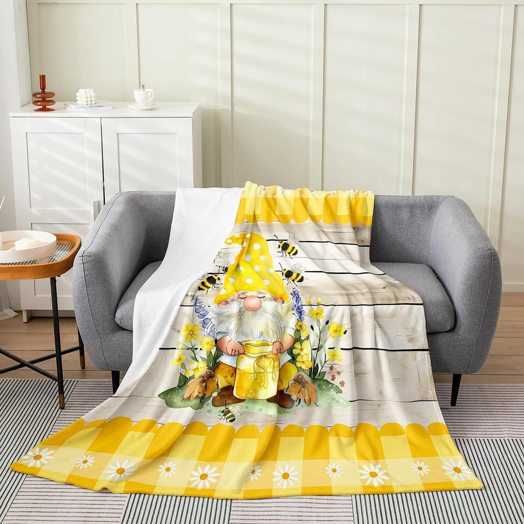 Spring Gnome Throw Blanket,Yellow Sunflowers Fleece Flannel Blanket for Toddler,Floral Truck Fuzzy Blanket,Lovely Bee GnomeDwarf