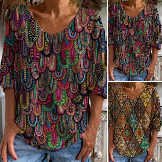 

Свободная женская футболка с круглым вырезом и половиной рукава в винтажном этническом стиле, цифровая