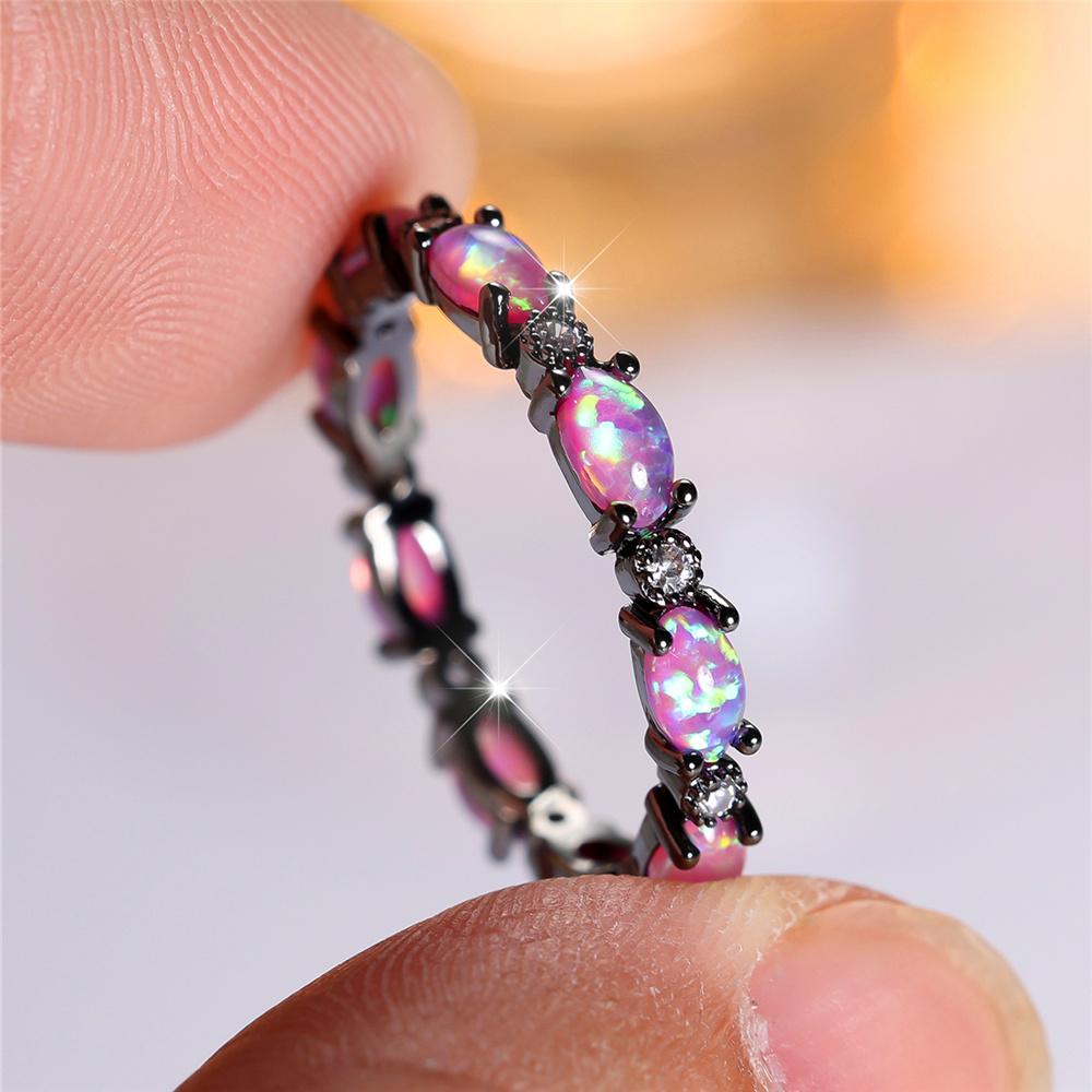 Anello Ovalato con Pietra Opale di Fuoco Viola Charm Vintage Colore Oro Nero Gioielli da Matrimonio Per Donna