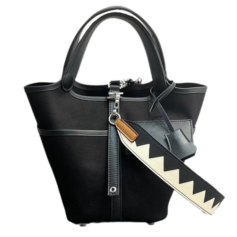 Chic Versatile Bucket Tote Bag Canvas Swift Leather Blend Single Shoulder Handbag Women