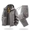 Autimn Winter Sportswear Set Mens Retro Training Thick Fleece Jacket + Pants Two Piece Set Casual Ski Running Tracksuit Suit