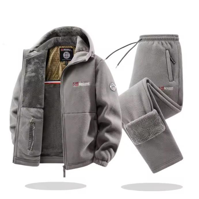 Autimn Winter Sportswear Set Mens Retro Training Thick Fleece Jacket + Pants Two Piece Set Casual Ski Running Tracksuit Suit