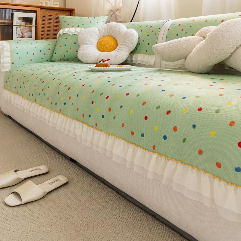Dopamine Colored Dot Sofa Cushion Chenille Anti Slip And Cat Scratch Sofa Cover With Skirt Edge Comfort Adjustable Dust Cover