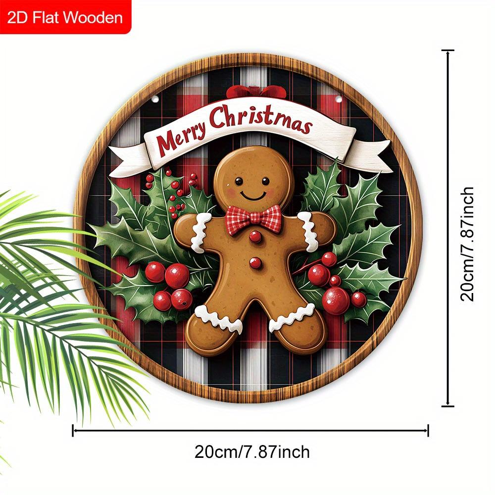 2D flaches Weihnachts-Willkommensschild Wanddekoration - 1 Stück runde hölzerne dekorative Plakette, Lebkuchenmann und Design mit roten Beeren und grünen Blättern
