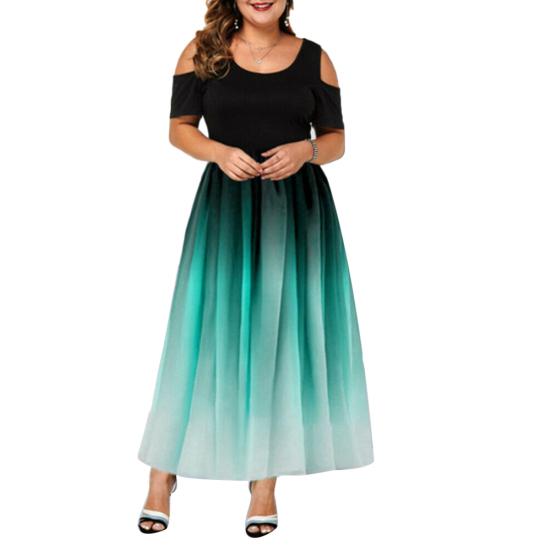Plus Size Women O Neck Cold Shoulder Gradient Print Waist Tight Long Party Dress