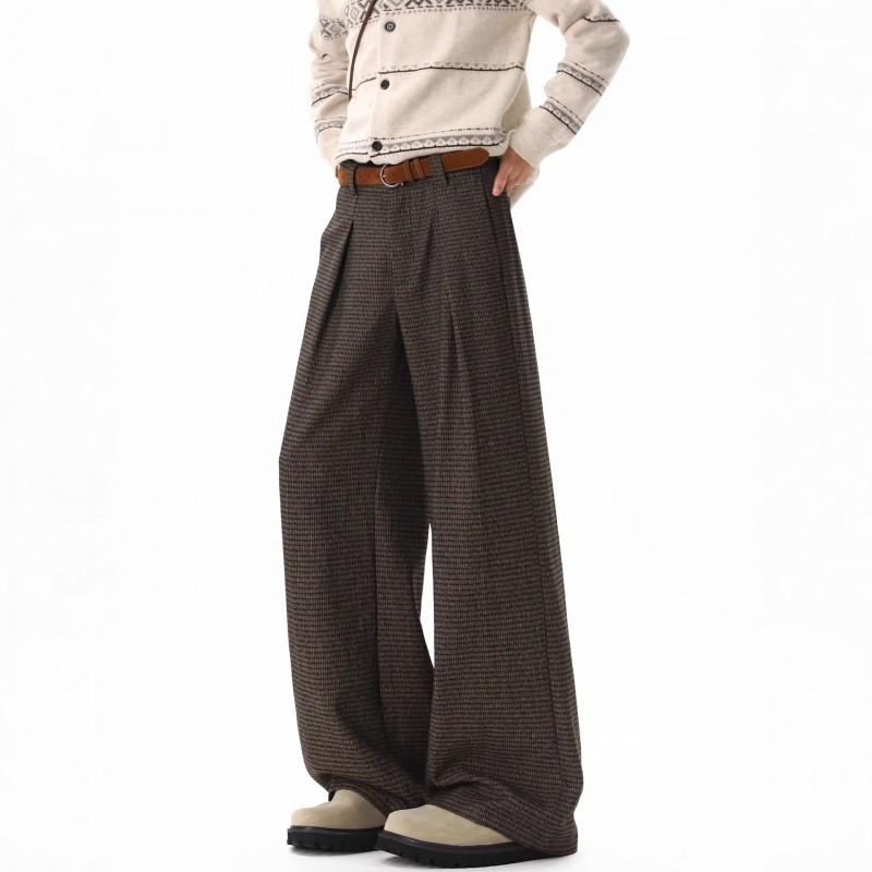 Womens High-Waisted Straight Leg Trousers With Houndstooth Stripe Lightweight Pleated Wide-Leg Pants Office Casual
