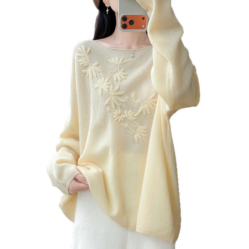 Damen 100% Wolle Handbestickter Lockerer Rundhals-Oversize-Pullover-Top für den Winter