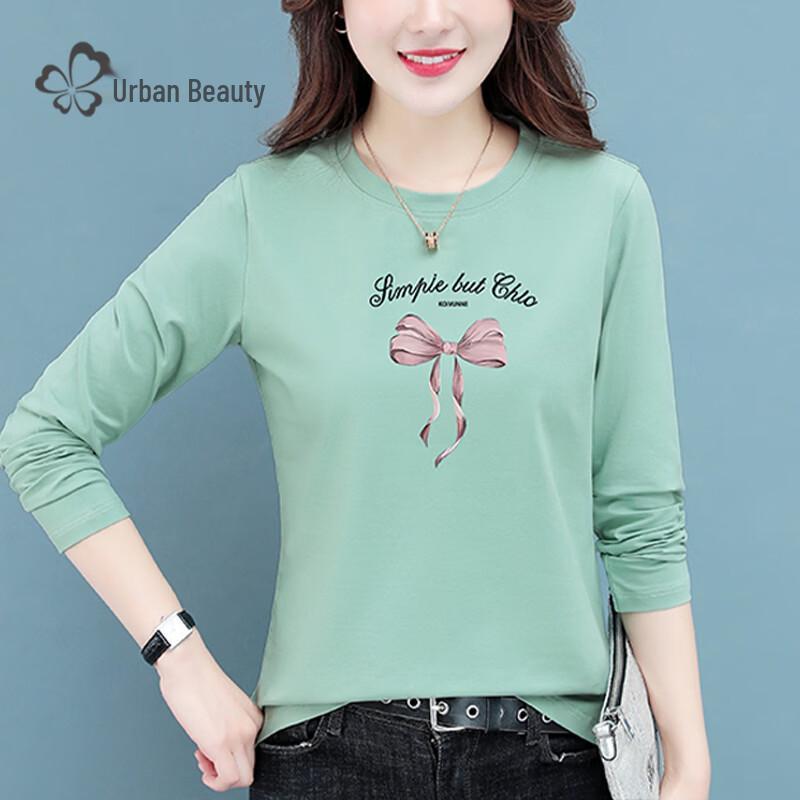 Women's Casual Bow-Print Long-Sleeve Crew Neck Cotton Blend T-Shirt