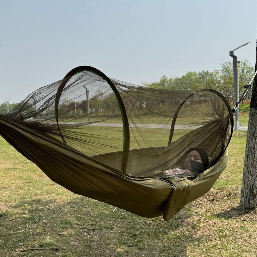 Quick-Open Mosquito-Resistant Hammock with Net, Single/Double Person, Anti-Roll Parachute Cloth for Outdoor Camping Swing