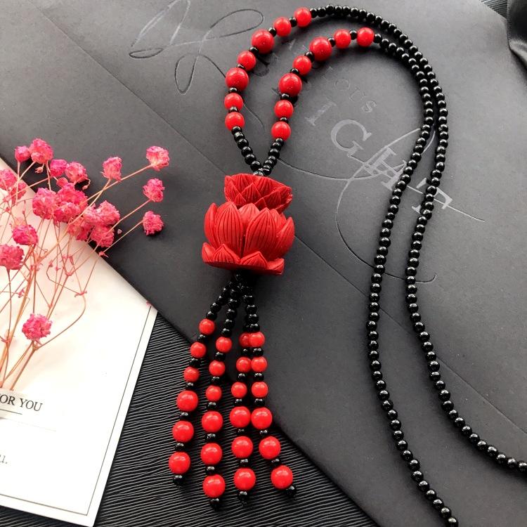 New Vintage Versatile Red Cinnabar Sweater Chain Natural Long Female Rose Necklace Pendant Accessories