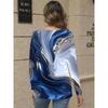 Women'S Marble V-Neck Long Sleeve T-Shirt, Blue And Silvery Shiny Marble Long Sleeve Top, Casual Occasions