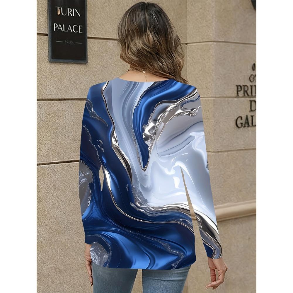Women'S Marble V-Neck Long Sleeve T-Shirt, Blue And Silvery Shiny Marble Long Sleeve Top, Casual Occasions