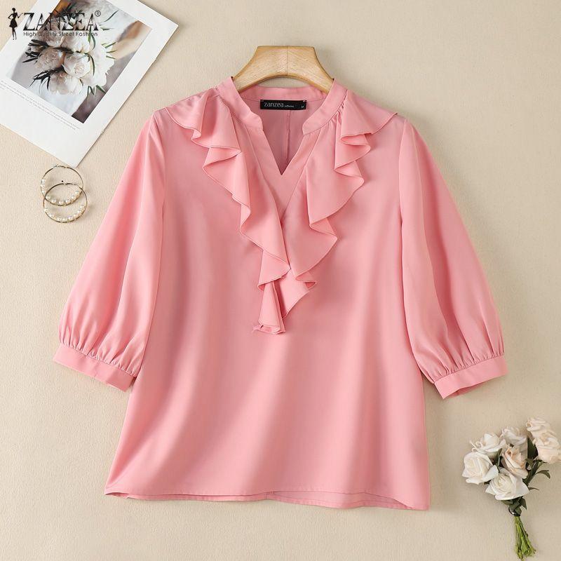 ZANZEA Women Ruffles V-Neck Solid Color Casual 3/4 Sleeve Blouse