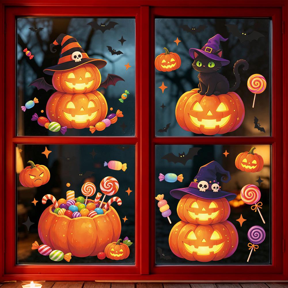 Halloween-themed Decorations: Carved Pumpkins, Candies, Black Cats, Window Beautification, Window Stickers