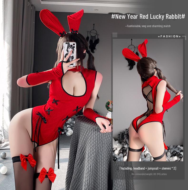 2025 Red Bunny Cheongsam Lingerie: Sexy Knitted Bodysuit