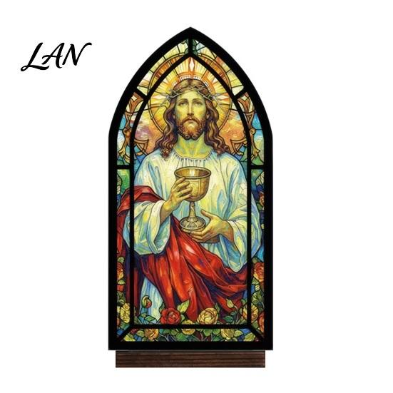 UV Printed Halloween Decor Candle Holder, Gothic Stained Glass Style Translucent Panel Lamp Retro Spooky Candlestick, Tabletop Atmosphere Ornament for