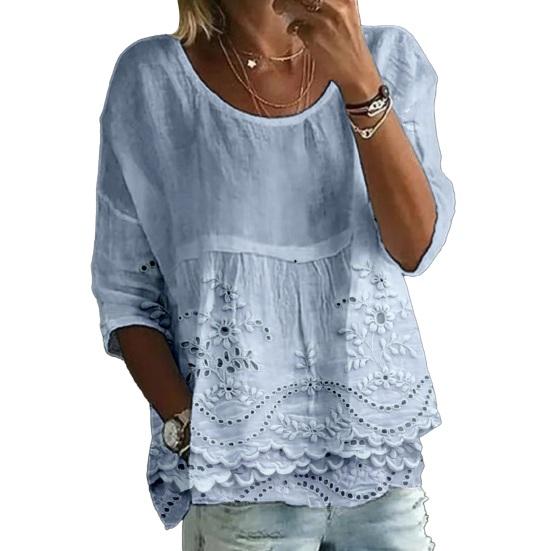 

Women T-shirt Round Neck Half Sleeve Embroidery Flower Pattern Loose Hem Tee Shirt Pure Color Pleated Design Summer S синий