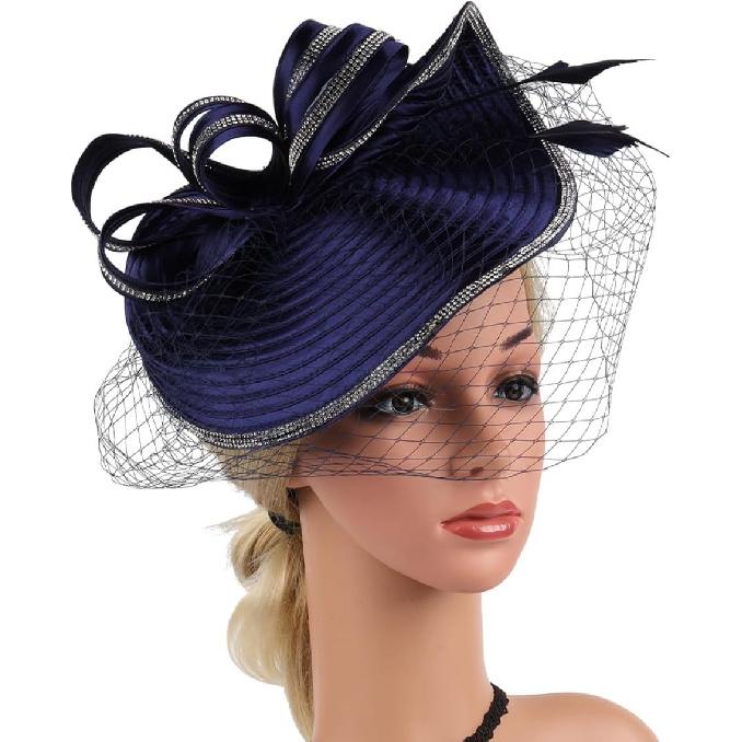 SOIMISS Navy Blue Fascinator Hat Headband for Women, Cocktail Tea Party Straw Headdress, Vintage Wedding Bridal 1920s Style, Elegant Special Occasion