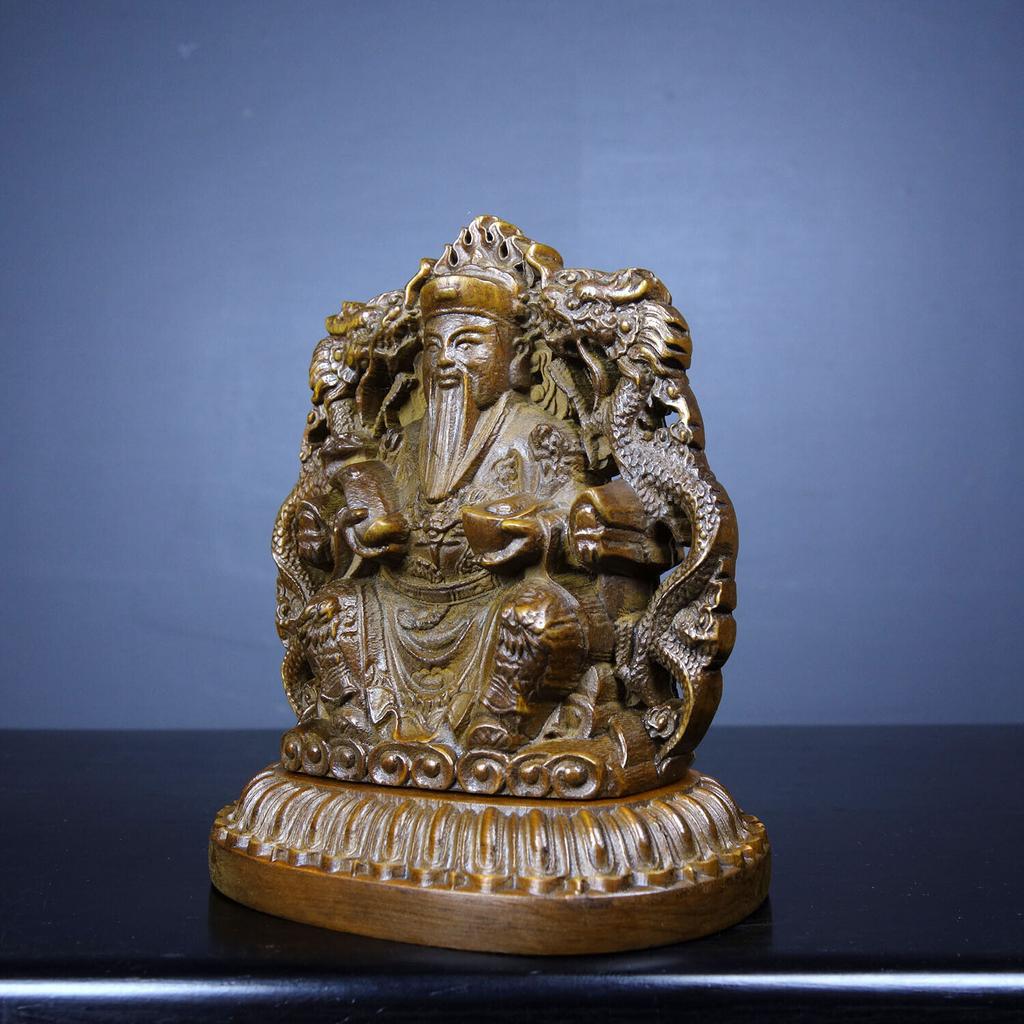 Chinese Boxwood Carved God of wealth Buddha Two-sided Statue Carving Dragon