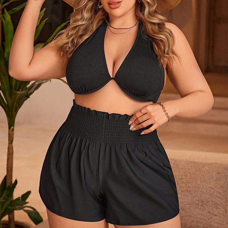 

2025 High Waist Mesh Bikini with Solid Color and Conservative Trunks XXXL чёрный