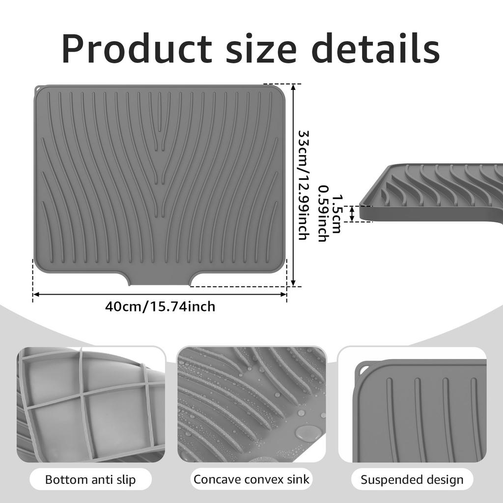 Silicone Dish Drying Mat Efficient Drain Pad 40x33x1.5cm Nonslip Kitchen Dish Drainer Pad with Raised Drain Lip for Home Counter