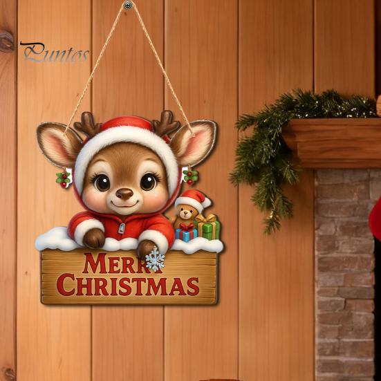 Festive Cartoon Santa Deer Ornaments Christmas Wooden Pendant, Decorative Reindeer/Santa Claus/Gnome Pattern Hanging Sign, Welcome Sign with Childlike