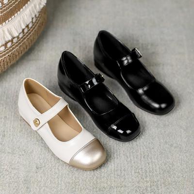 Inner Height Increase Mary Jane Women's Spring and Autumn New Thick Heel Single Shoes One-word Buckle Small Leather Shoes