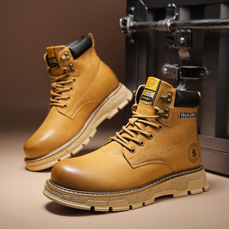 Classic British Style Chelsea High-top Men Punk Shoes Ankle Boots 2024 Genuine Leather Boots Men Cowhide Yellow Boots Work Shoes