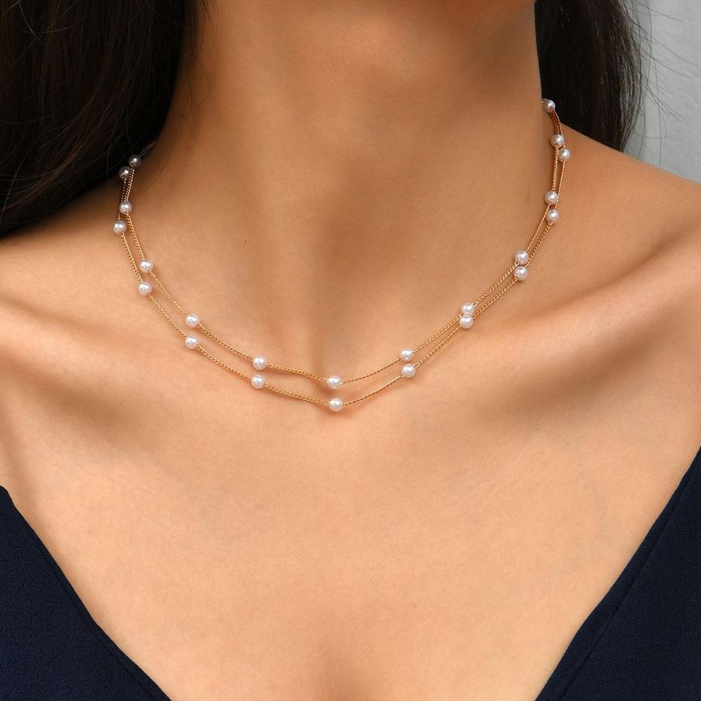 New neck chain, simple creative chain, pearl double collarbone chain, bohemian stacked style