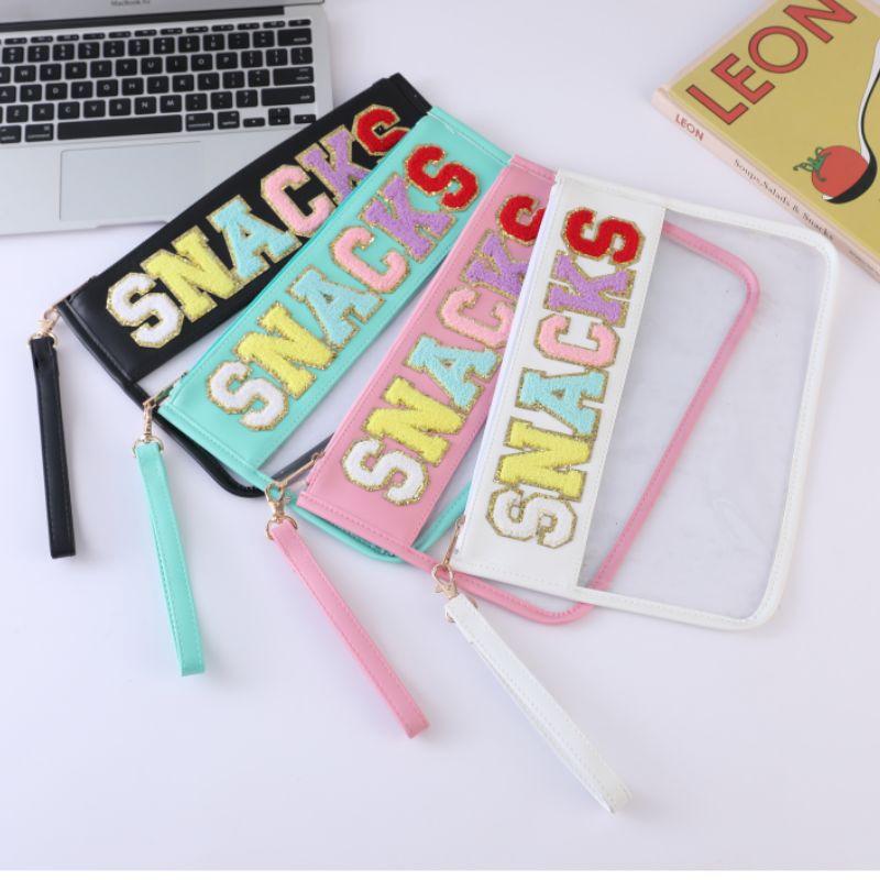 Waterproof Travel Toiletry Bag, Embroidery Letter Handheld Cosmetic Bag, Transparent Zipper Pouch, Portable Snack Storage Organi