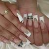 24Pcs French Ballet Heart Long Square Coffin False Nails With Glue Detachable Full Cover Press On Nails