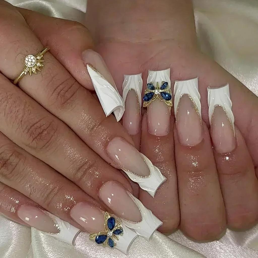 24Pcs French Ballet Heart Long Square Coffin False Nails With Glue Detachable Full Cover Press On Nails