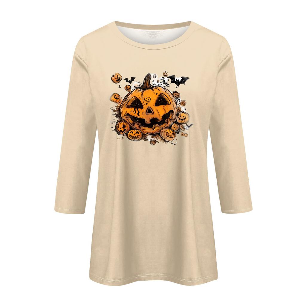 Damesmode Casual Driekwartmouw Halloween Bedrukt Ronde Hals Top