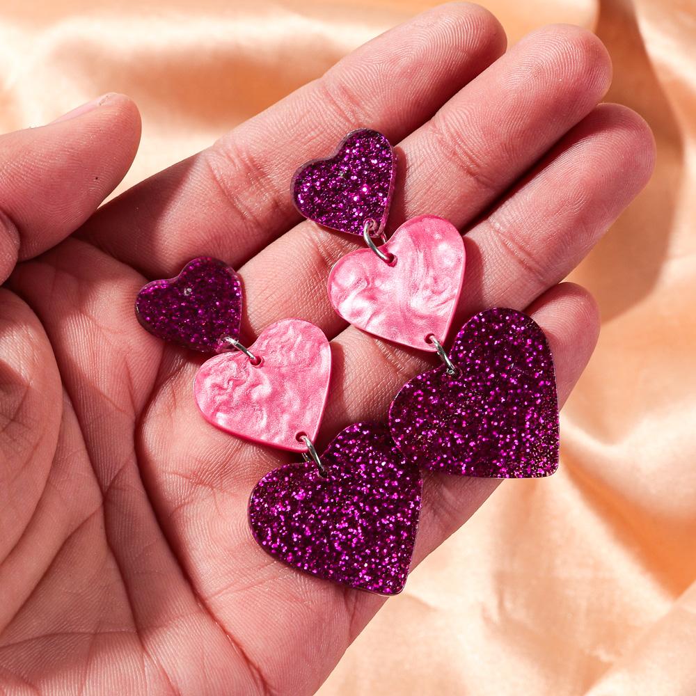 New Valentine's Day Acrylic Earring for Women Girls Glitter Colorful Love Heart Splicing Drop Earrings Sweet Jewelry Gifts