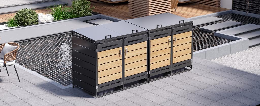 Set of 4 Wheelie Bin Boxes with Hydraulic Lid, Horizontal Wood-look Cladding, Slotted Ventilation, Iron Garden Storage Cabinet with Lock