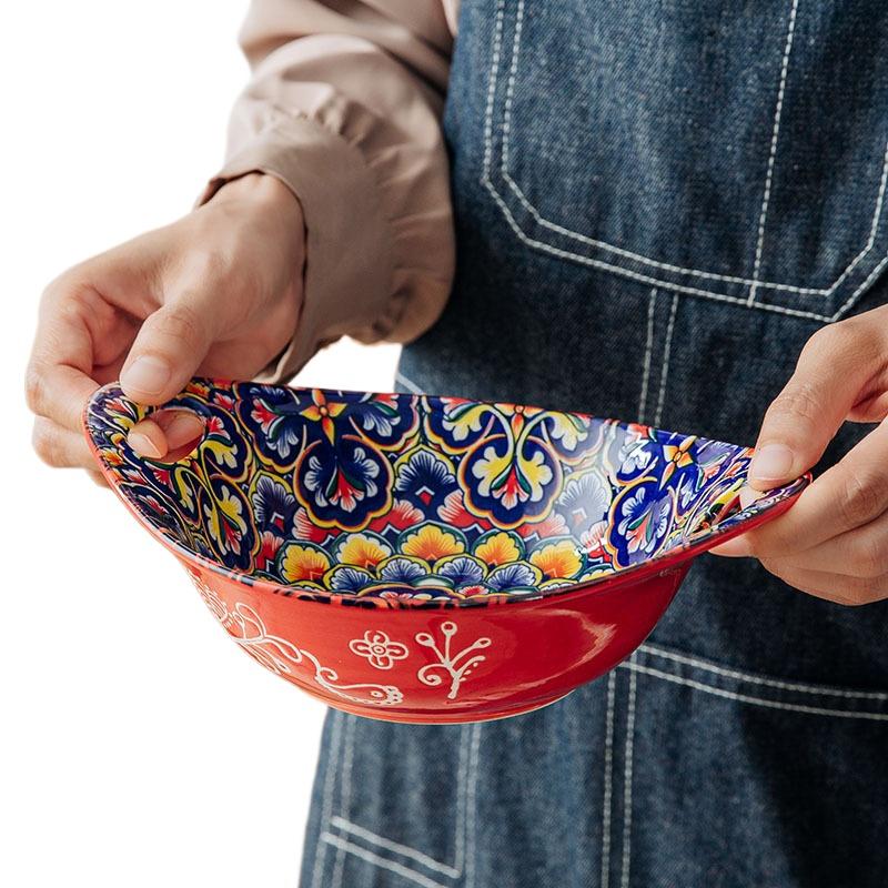 

8,5-дюймовая золотая чаша в форме слитка, подглазурная роспись, керамическая посуда, богемный стиль, ресторанная или бытовая посуда 8.5 inch