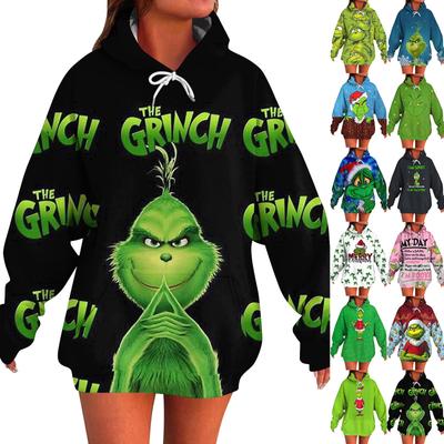 Ladies' Fashionable Long Sleeved Pullover With Christmas Print Hooded Pocket Sweatshirt