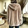 Women Solid Color Button Hooded Velvet Long Sleeve Casual Cardigan Coat