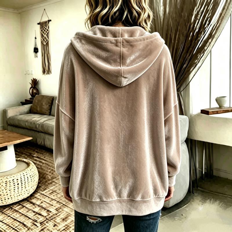 Women Solid Color Button Hooded Velvet Long Sleeve Casual Cardigan Coat