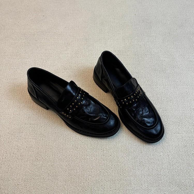 Soft Leather Version~ Versatile Commuting Retro Light Mouth Round Head Thick Heel Loafers Casual One-pedal Small Leather Shoes Women's Single Shoes