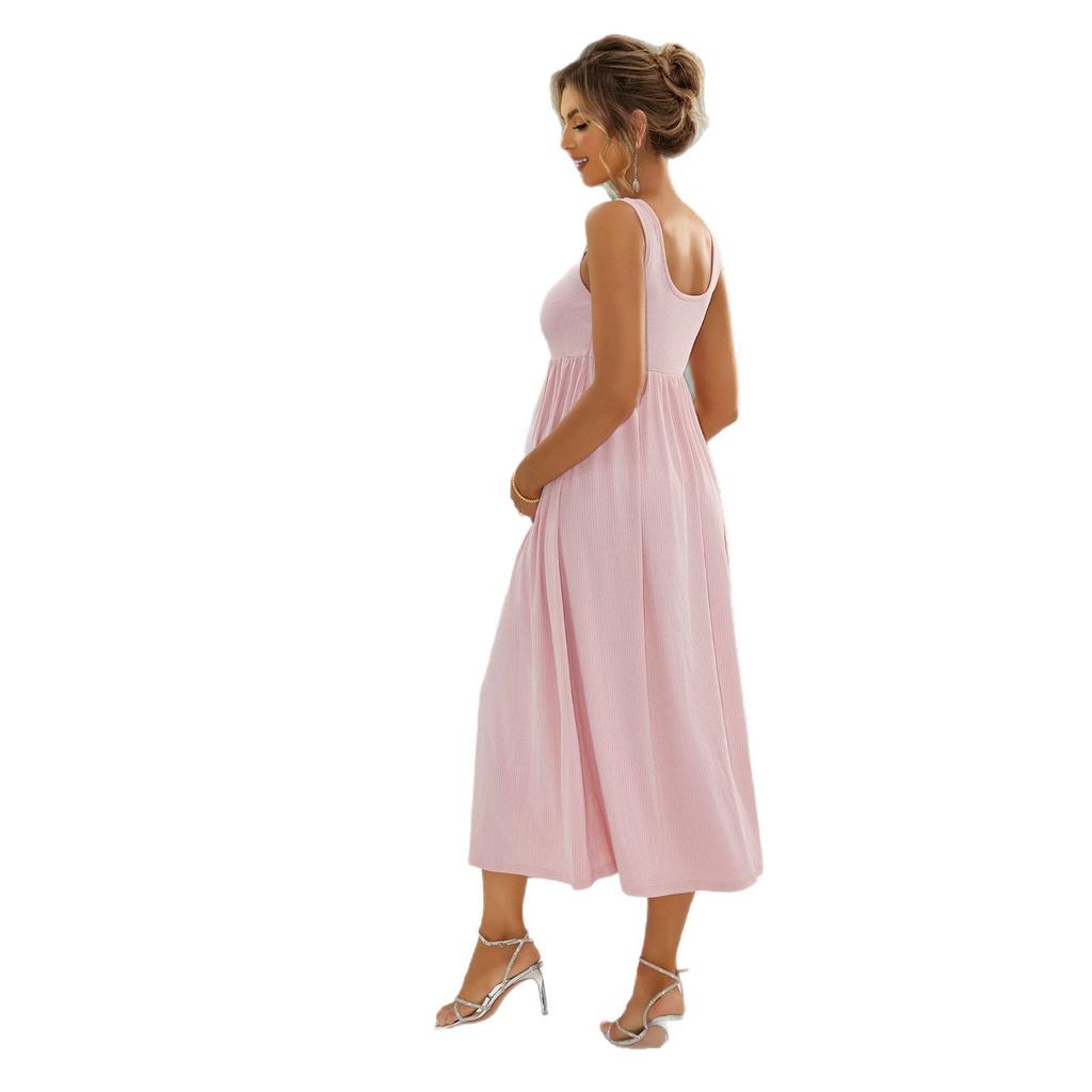 New European and American Summer Elegant Women's Clothing Sleeveless Ribbed Knitted Maternity Dress Long Dress Women