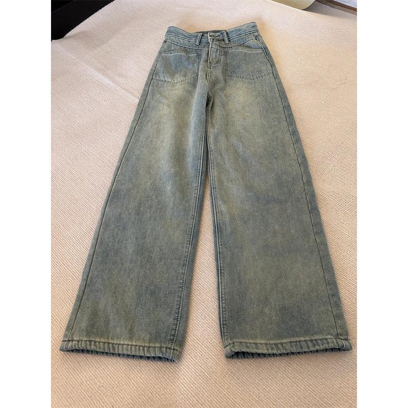 

Женские джинсы с высокой посадкой, в стиле ретро, синего цвета, на флисовой подкладке, с широкими штанинами - больших размеров, стройнящие, для зимней носки M