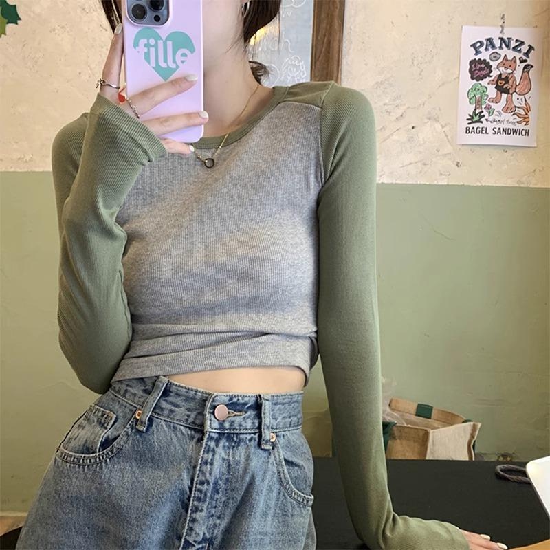 American Retro Right-shoulder Long-sleeved T-shirt for Women In Autumn and Winter with Bottoming Shirt Hot Girl Slim Short Top Design