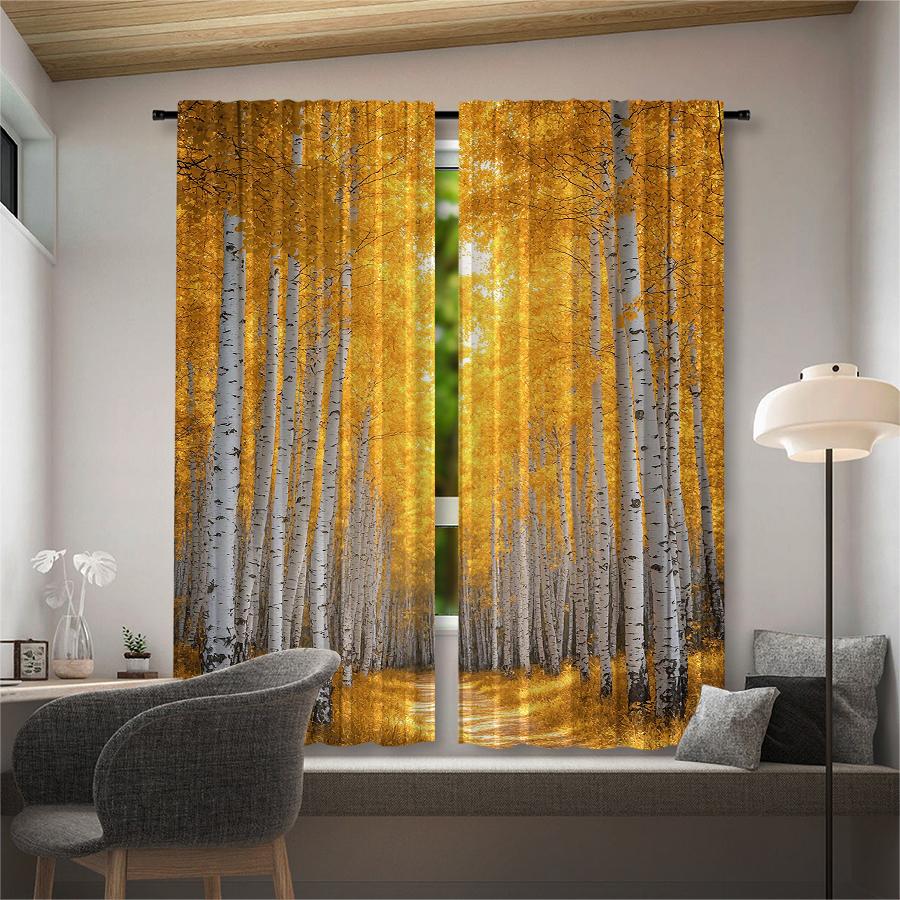 Birch Forest Landscape Printed Curtains Pole Bag Christmas Decorations Home Room Curtain Made Of Polyester