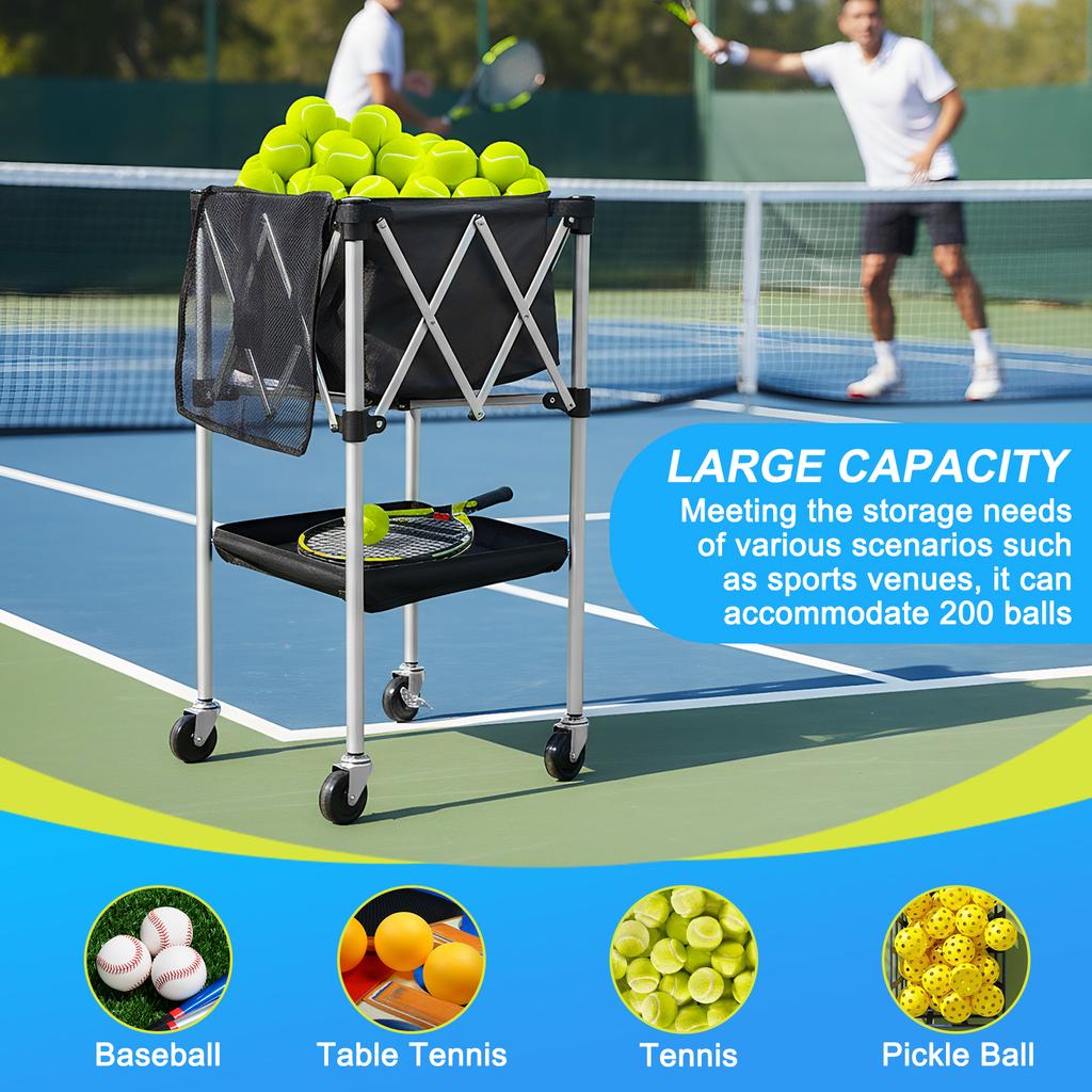 Tennis Ball Hopper Foldable Portable Pickleball Baseball Hopper Basket with Wheels with Storage Bag for Serve Training