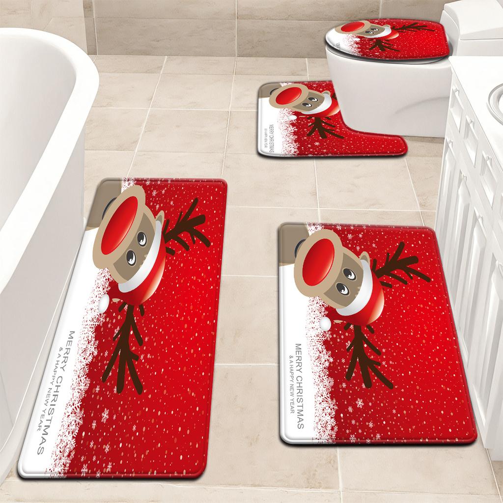 3pcs Christmas Red Background Snowflake Reindeer Pattern Bathroom Mat Set Toilet Seat Cover and Rug Bathroom Decoration Foot Mat