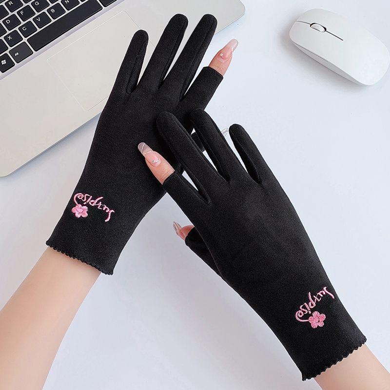 

Women s Gloves Spring & Fall Dralon Heattech Cycling Winter Driving Thin Cycling Writing Elastic Touch Screen Leakage Two Fingers Black [Embroider flower]] One size