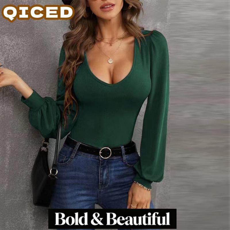 QICED Women's Fashion Casual Solid Color Print Long Sleeve U-Neck Blouses & Shirts